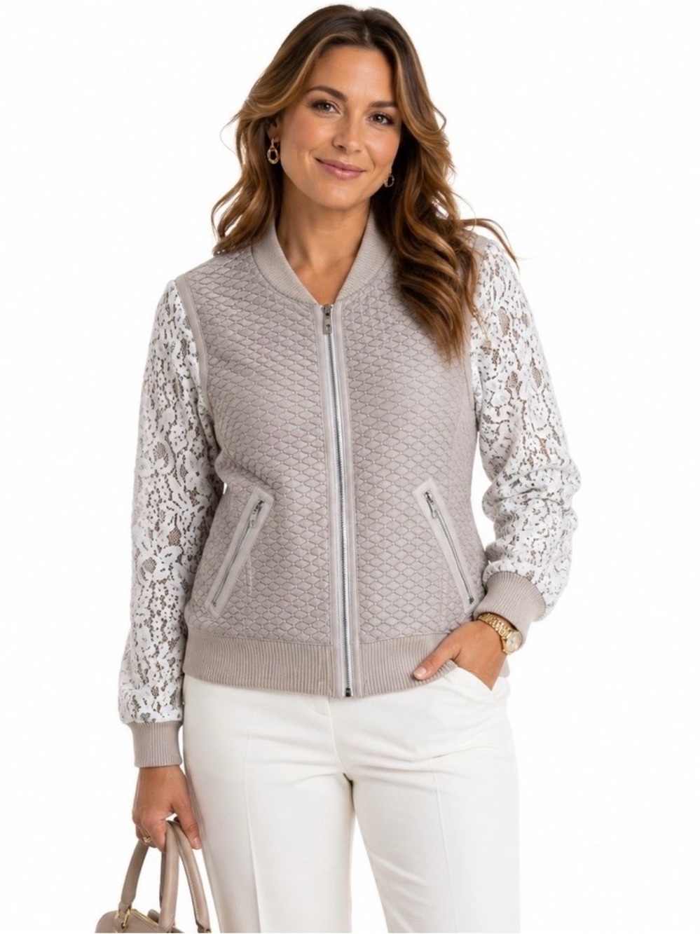 Rebecca Taylor Quilted Bomber Jacket with Lace Sleeves - Light Taupe